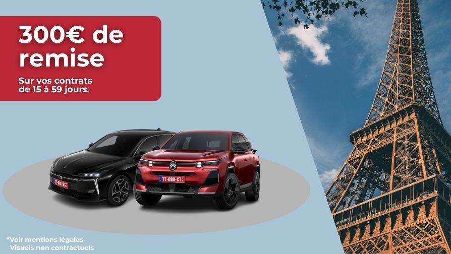 Pour une livraison du 1er janvier 2026 au 31 décembre 2026, bénéficiez de 300€ sur vos contrats de 15 à 59 jours